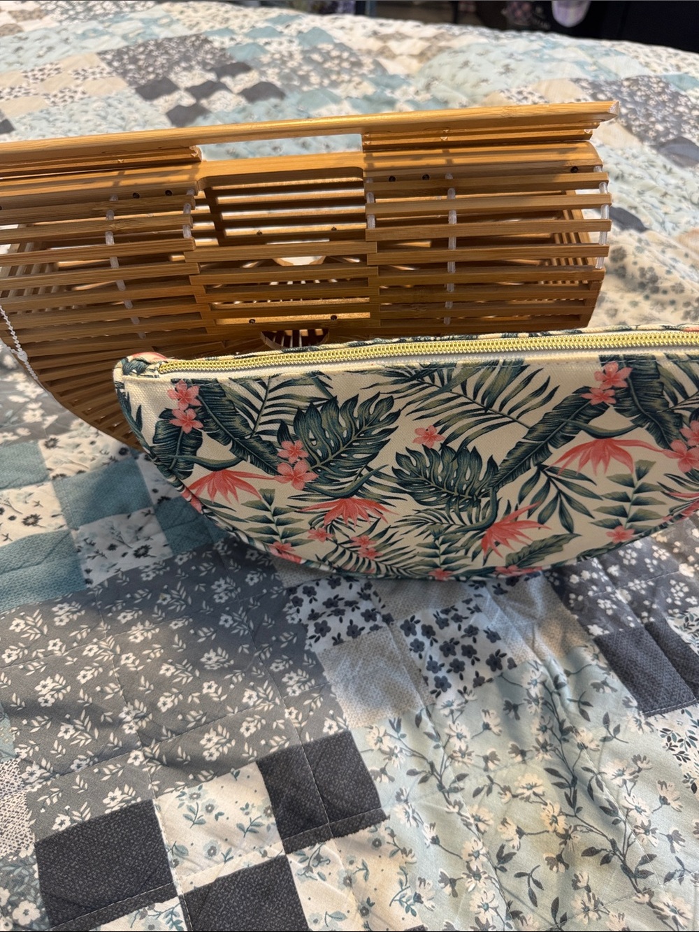 Natural Bamboo Semi-Circle Clutch with Tropical Floral Cream Pouch
